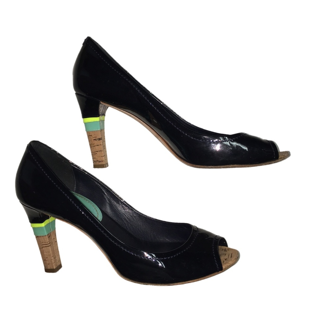 Céline Navy Patent Leather Peep Toe Cork Pumps - Picture 3 of 8